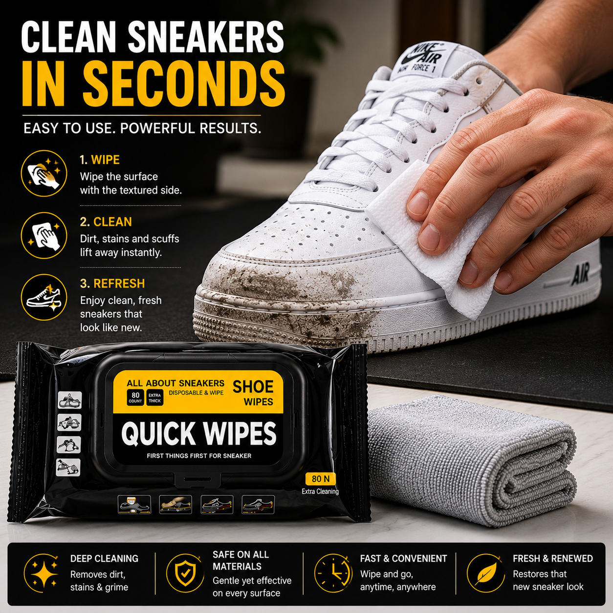 ELNEOR Shoe Quick Wipes – 80 Extra Thick Wipes + Premium Microfiber Towel Bundle