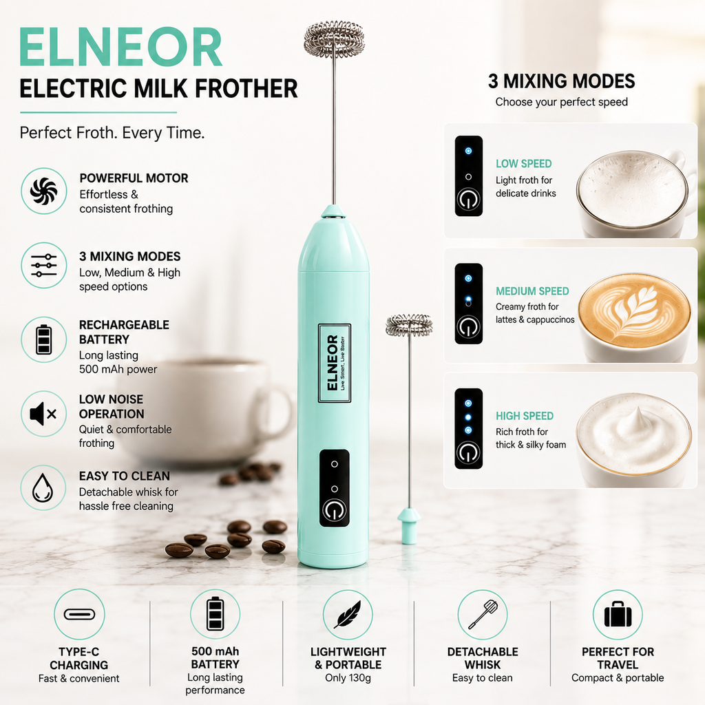 ELNEOR Rechargeable Electric Milk Frother | 3‑Speed Powerful Motor | USB‑C Coffee Frother for Latte, Cappuccino, Matcha & Protein Shakes | Handheld Stainless Steel Whisk | Portable & Easy to Clean