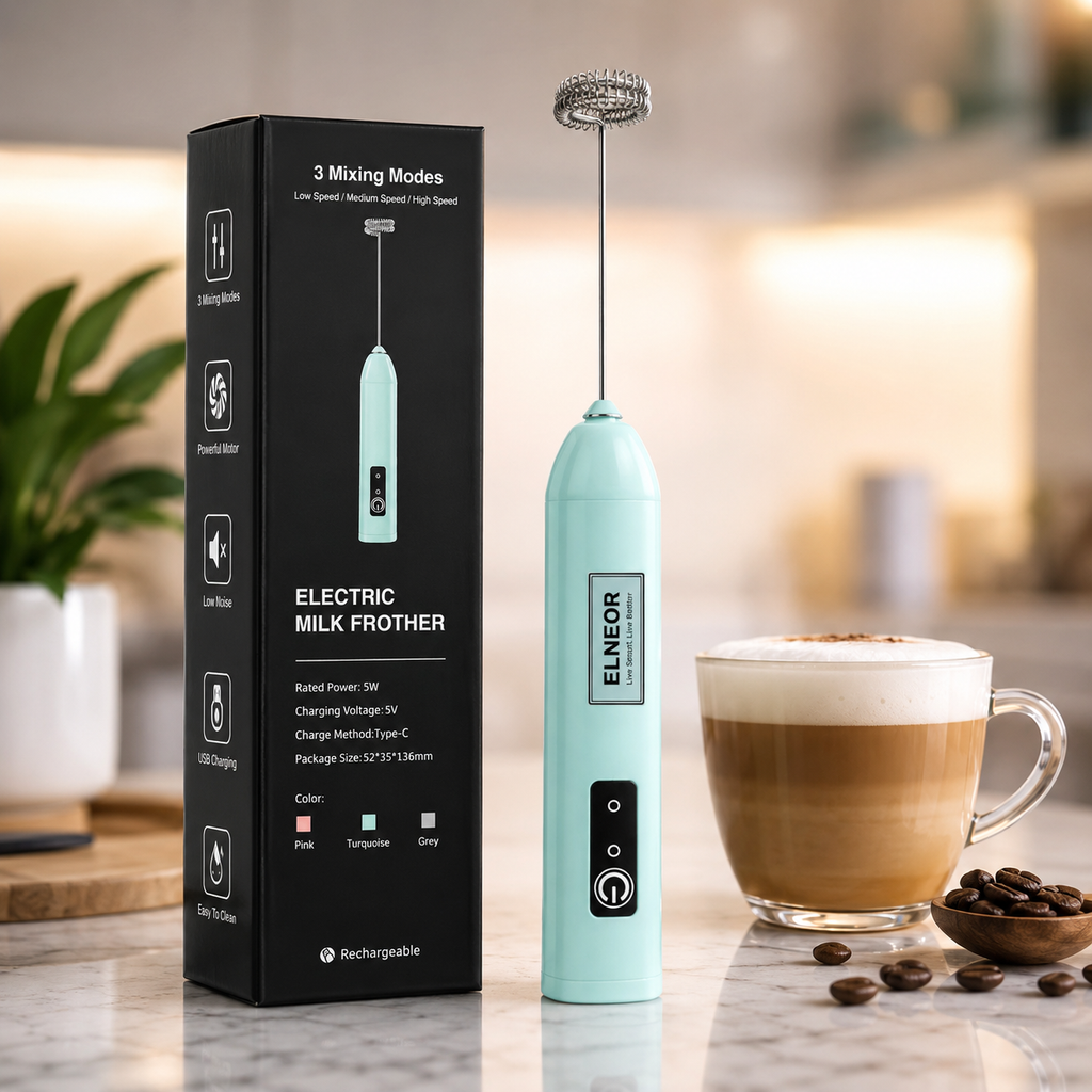 ELNEOR Rechargeable Electric Milk Frother | 3‑Speed Powerful Motor | USB‑C Coffee Frother for Latte, Cappuccino, Matcha & Protein Shakes | Handheld Stainless Steel Whisk | Portable & Easy to Clean