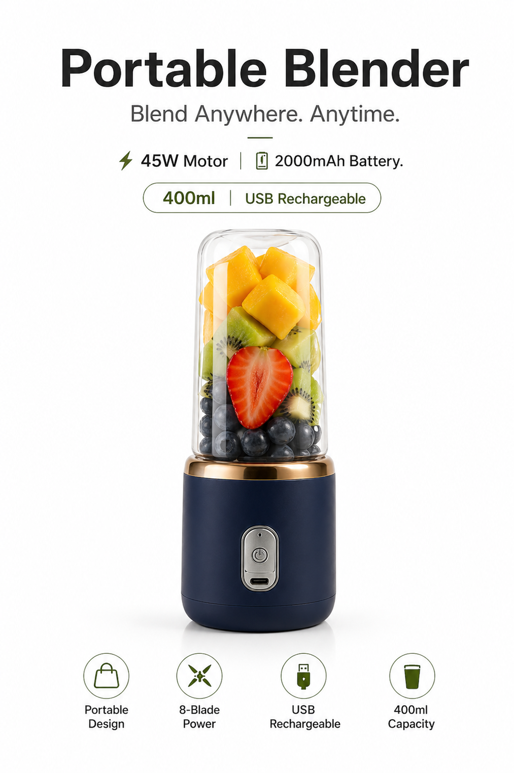 ELNEOR™ Portable Rechargeable Blender Usb Juicer Cup 400Ml Smoothie Maker | Living Space by