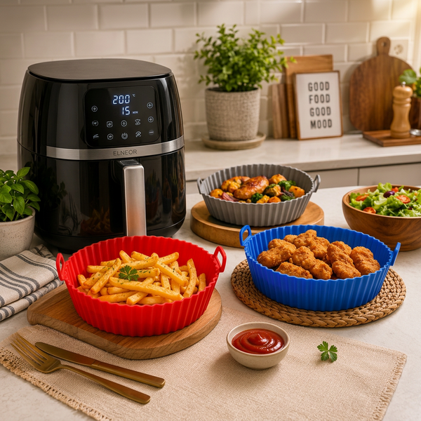 ELNEOR Silicone Air Fryer Liner – lifestyle with air fryer and food