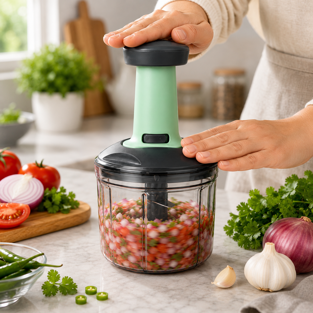 ELNEOR Smart Chop Max – Lifestyle in use with vegetables