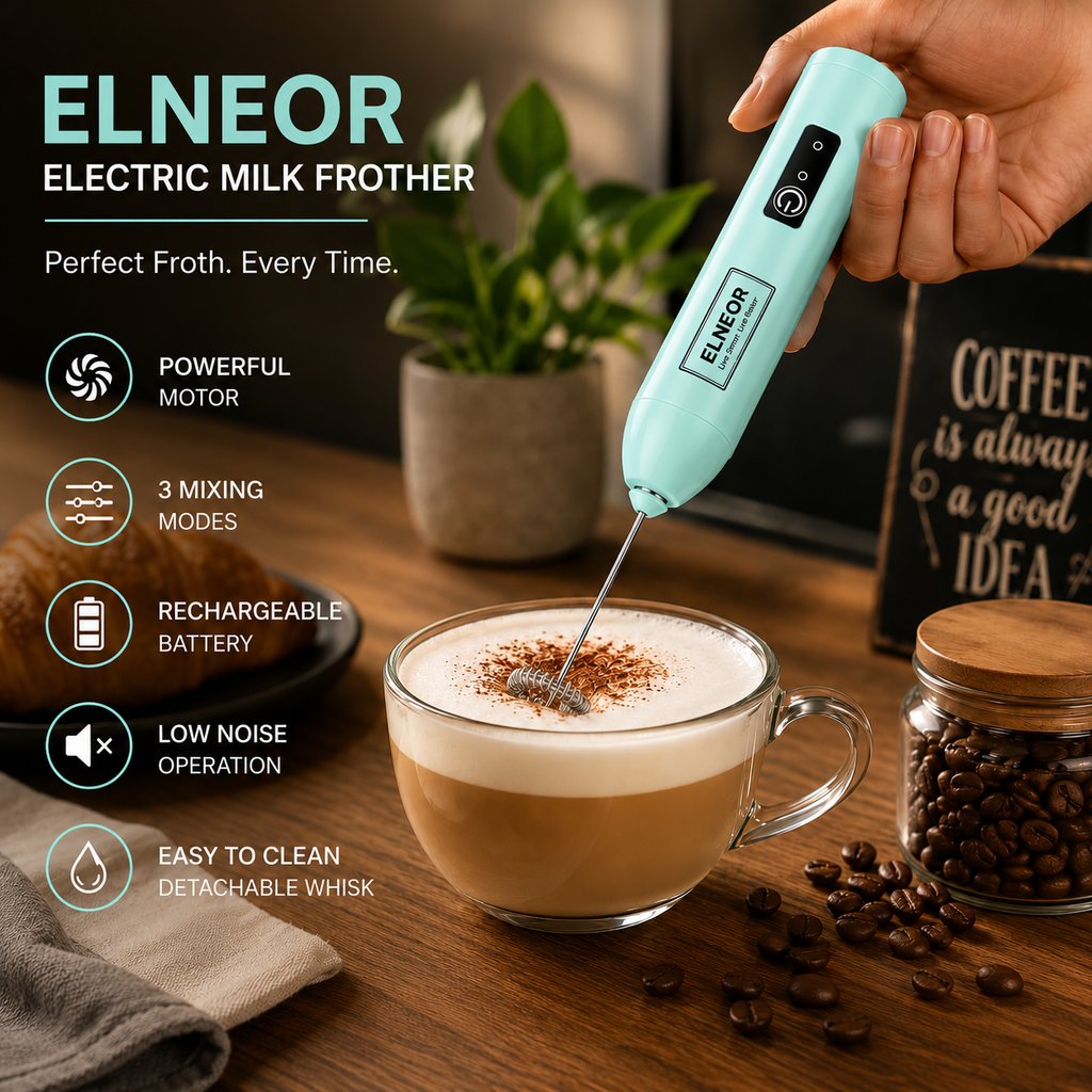 ELNEOR Rechargeable Electric Milk Frother | 3‑Speed Powerful Motor | USB‑C Coffee Frother for Latte, Cappuccino, Matcha & Protein Shakes | Handheld Stainless Steel Whisk | Portable & Easy to Clean