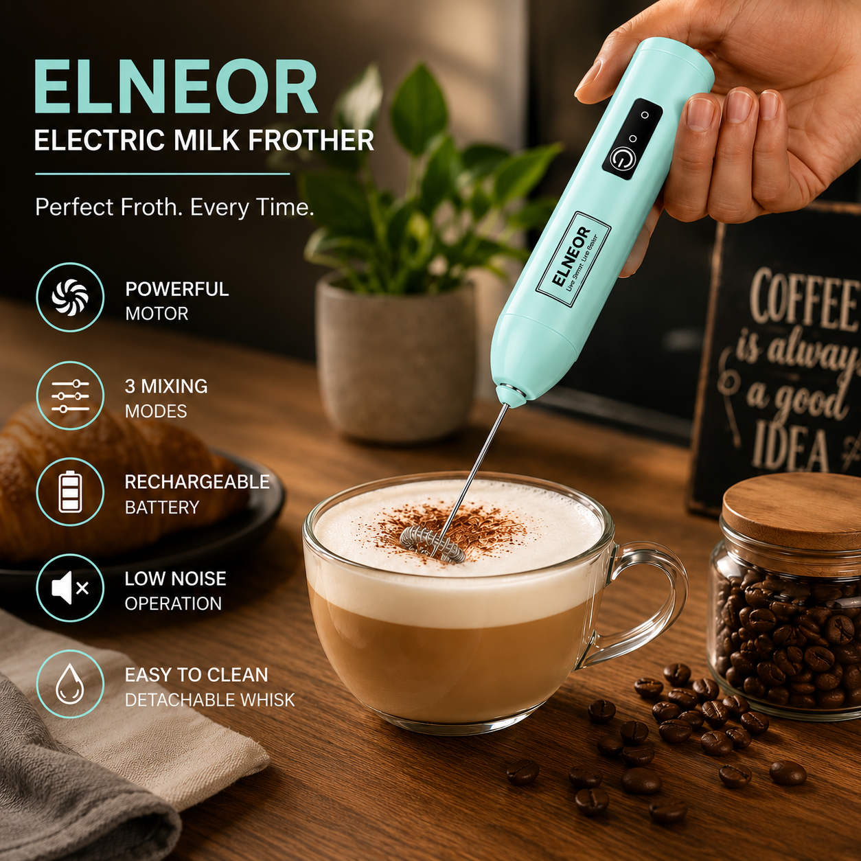 ELNEOR Rechargeable Electric Milk Frother | 3‑Speed Powerful Motor | USB‑C Coffee Frother for Latte, Cappuccino, Matcha & Protein Shakes | Handheld Stainless Steel Whisk | Portable & Easy to Clean