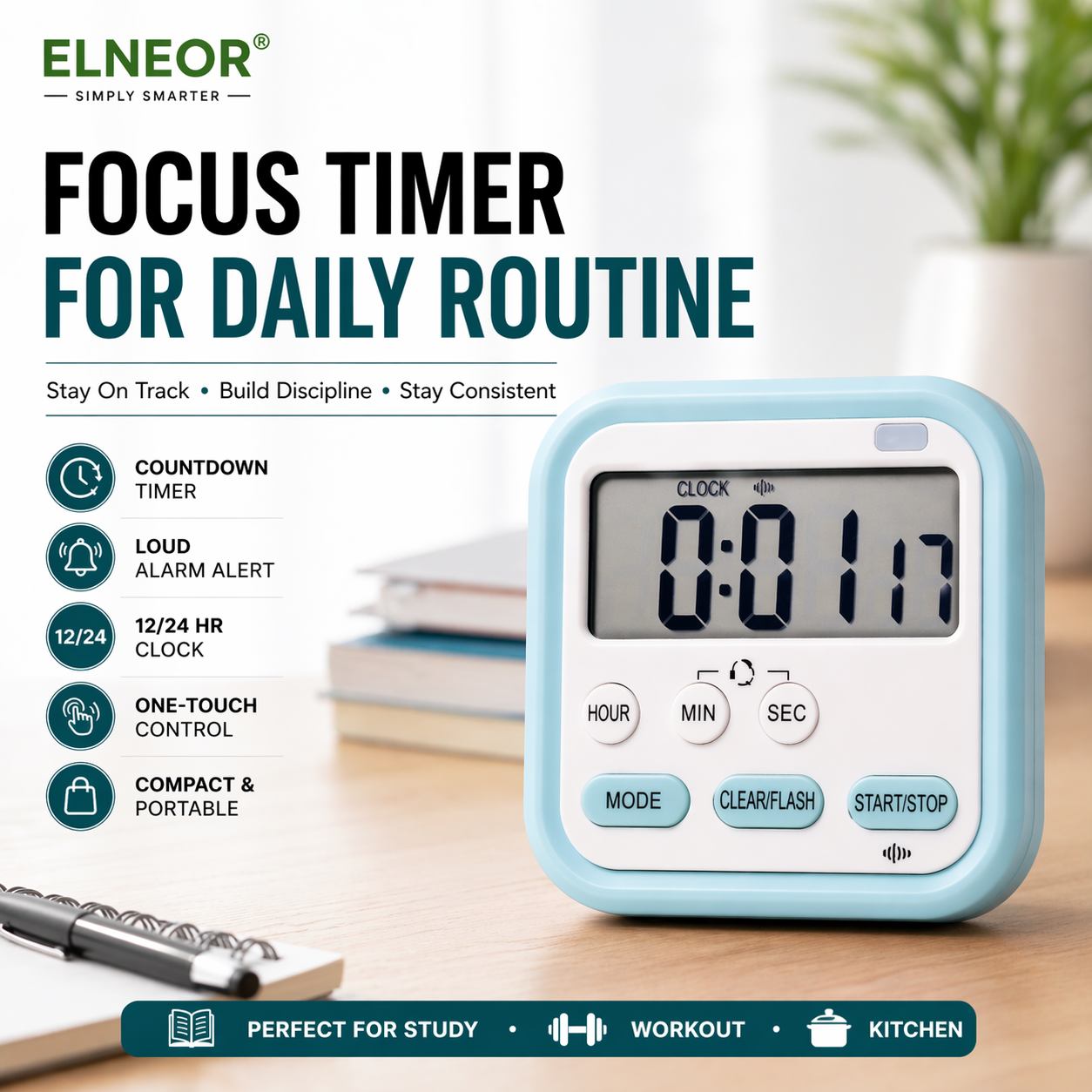 ELNEOR Digital Timer Clock – Countdown Timer, Alarm & Clock for Study, Kitchen & Workout