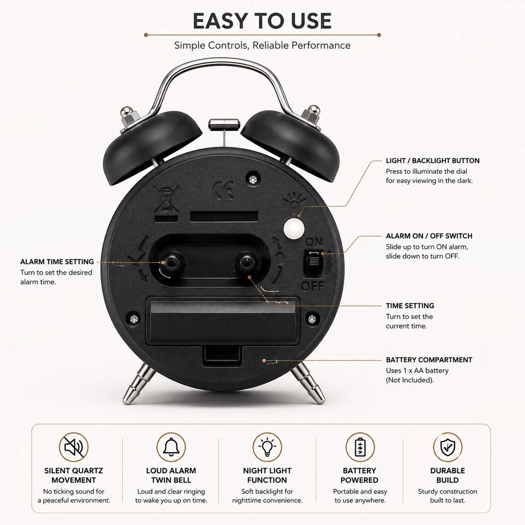 Retro Twin-Bell Alarm Clock | Matte Black & Copper | Loud Alarm | Battery Operated