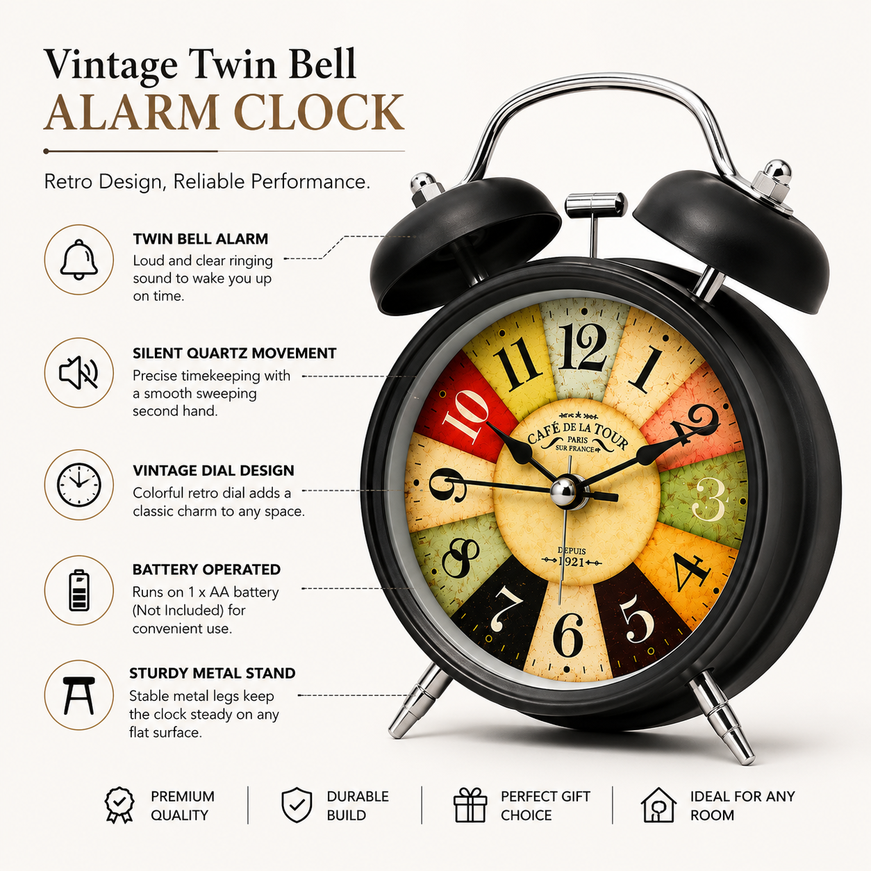 Retro Twin-Bell Alarm Clock | Matte Black & Copper | Loud Alarm | Battery Operated