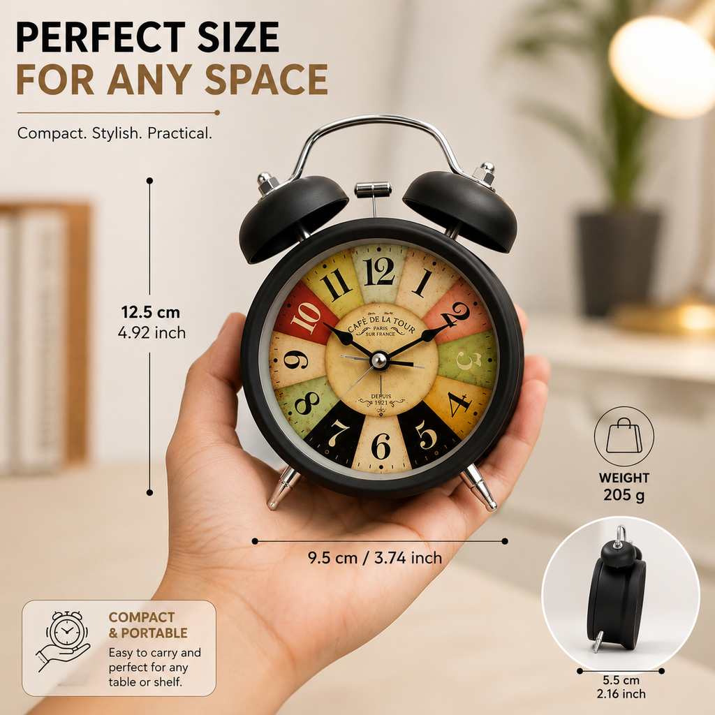 Retro Twin-Bell Alarm Clock | Matte Black & Copper | Loud Alarm | Battery Operated