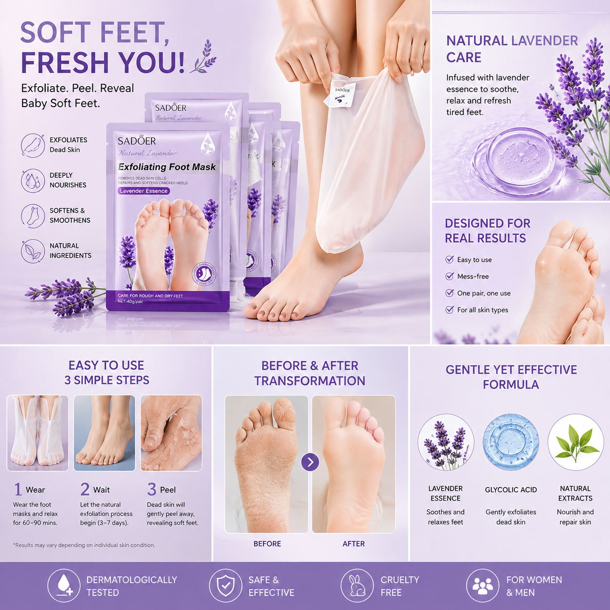 ELNEOR lavender exfoliating foot peeling mask product and usage
