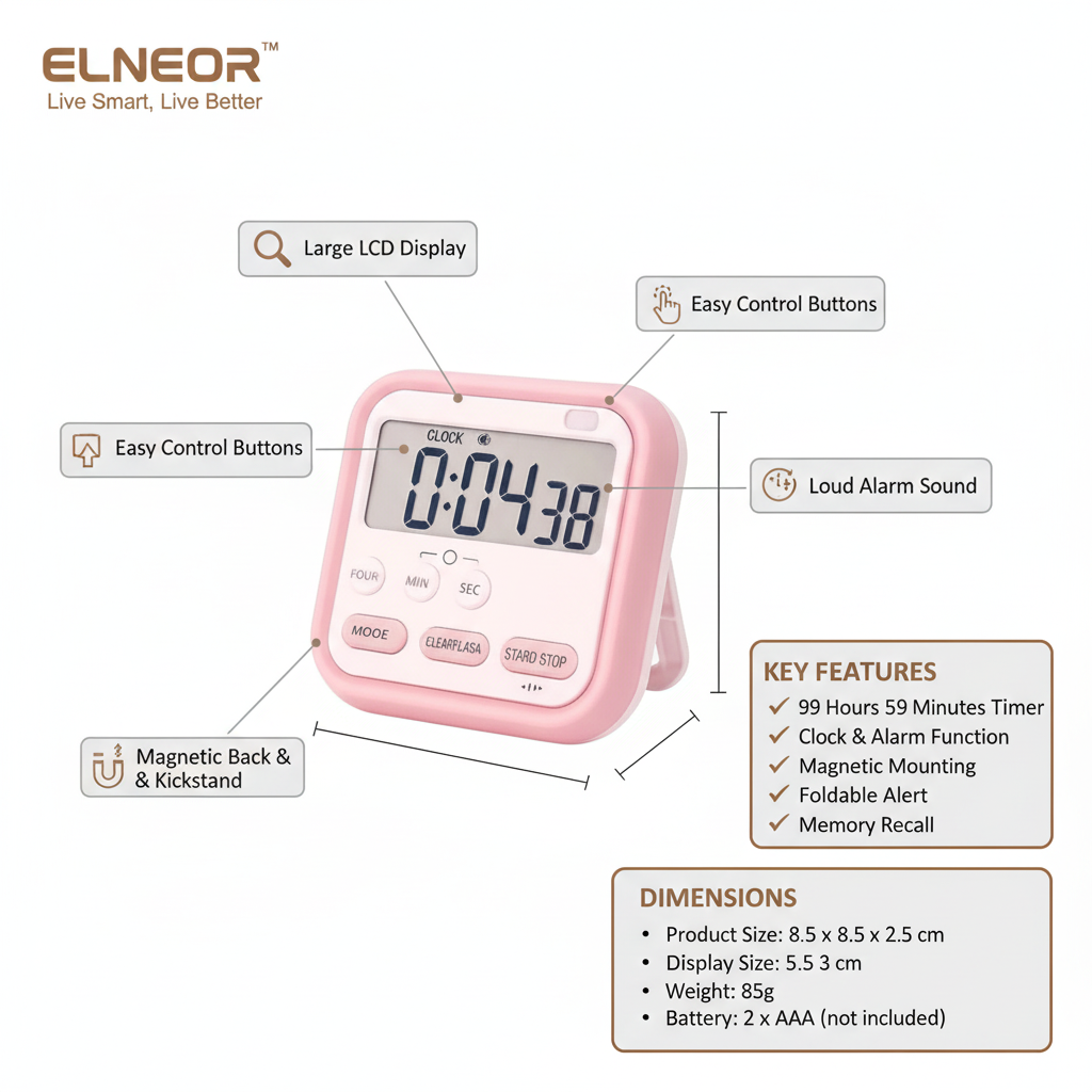 ELNEOR Pink Digital Timer Features & Specifications