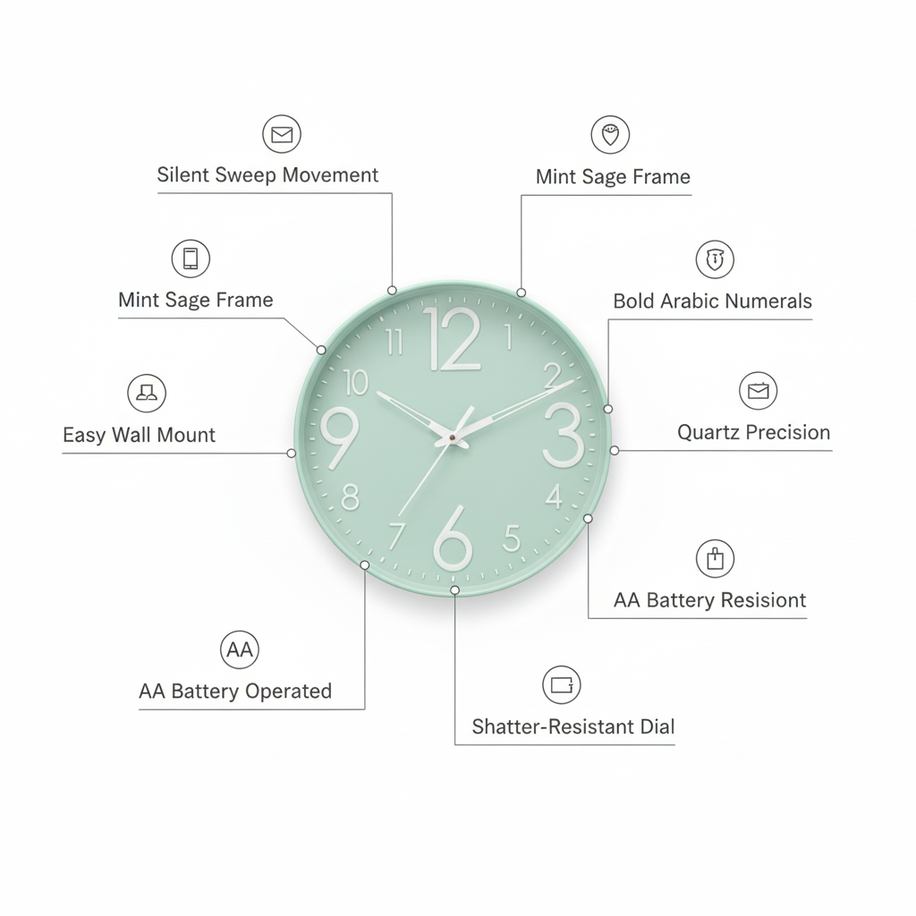 ELNEOR™ Mint Sage Silent Wall Clock | Sweep Movement | 12-Inch Round