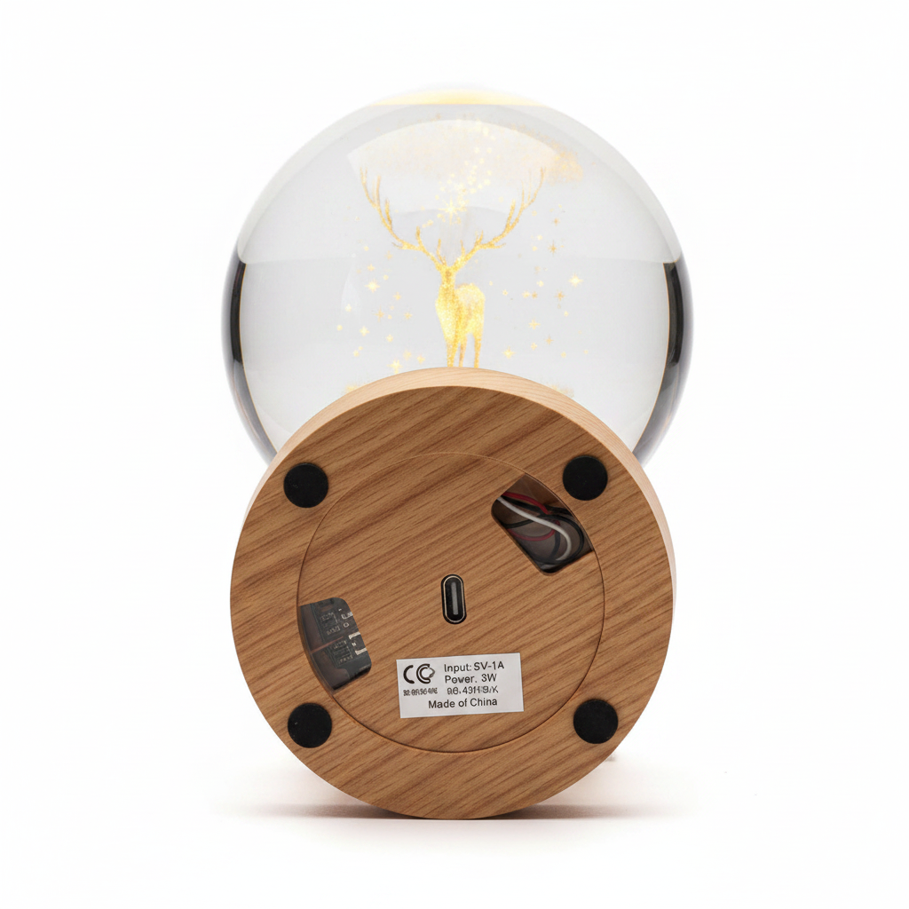 ELNEOR 3D Crystal Ball Night Light | Golden Deer & Cosmic Tree | Warm LED Wooden Base