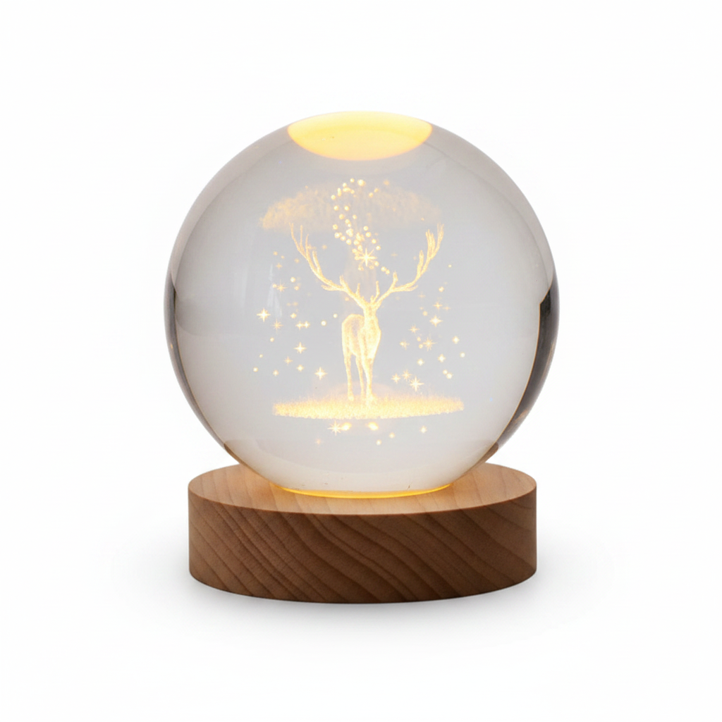 ELNEOR 3D Crystal Ball Night Light | Golden Deer & Cosmic Tree | Warm LED Wooden Base