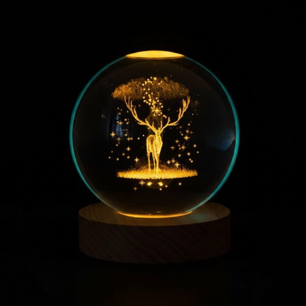 ELNEOR 3D Crystal Ball Night Light | Golden Deer & Cosmic Tree | Warm LED Wooden Base