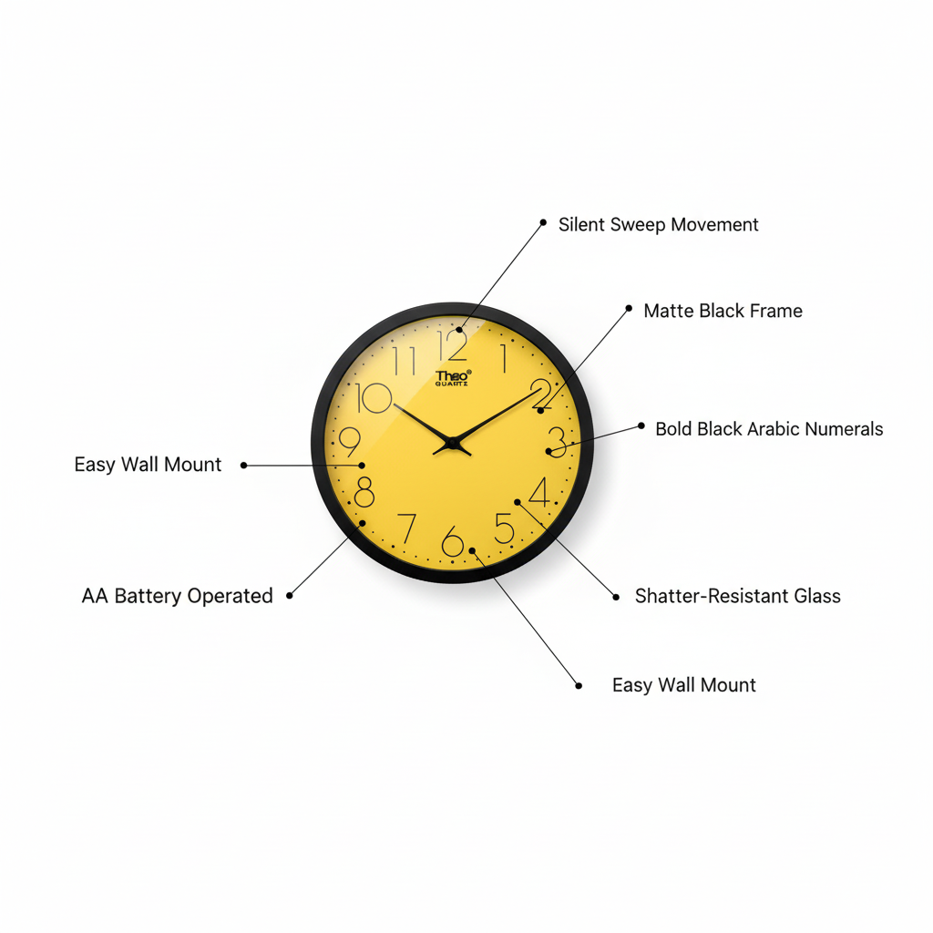ELNEOR™ Sunshine Yellow Silent Wall Clock | Black Frame | Sweep Movement | 12-Inch Round