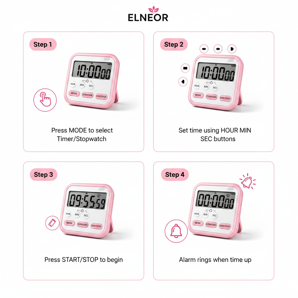 ELNEOR Digital Kitchen Timer Pink – How To Use 4-Step Guide