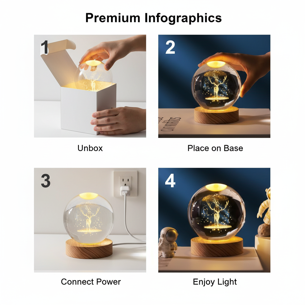ELNEOR 3D Crystal Ball Night Light | Golden Deer & Cosmic Tree | Warm LED Wooden Base