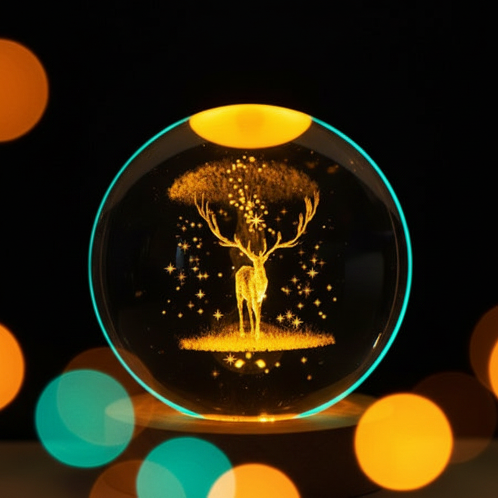 ELNEOR 3D Crystal Ball Night Light | Golden Deer & Cosmic Tree | Warm LED Wooden Base