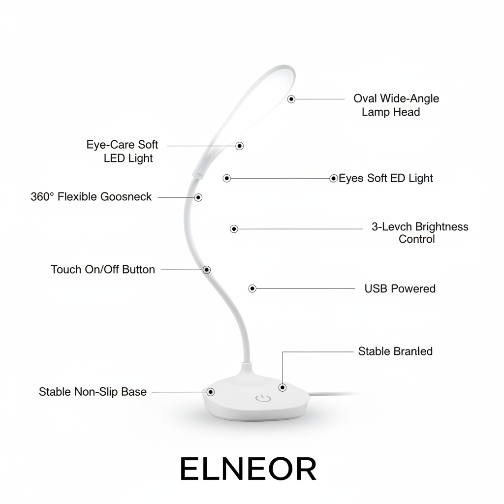 ELNEOR™ LED Gooseneck Desk Lamp | 3-Level Touch Brightness | Eye-Care Reading Light | USB Powered