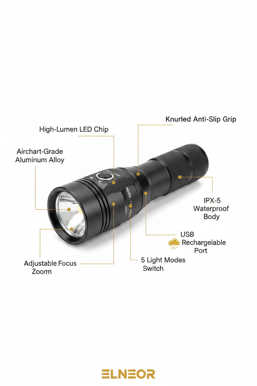 ELNEOR™ Metal Zoom Torch | IPX-5 Waterproof | USB Rechargeable | 5 Modes | 500M High-Lumen LED Flashlight