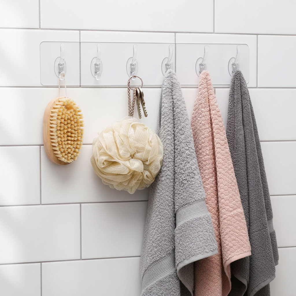 6 Pcs Self Adhesive Hook Sticker - Lifestyle Bathroom Shot