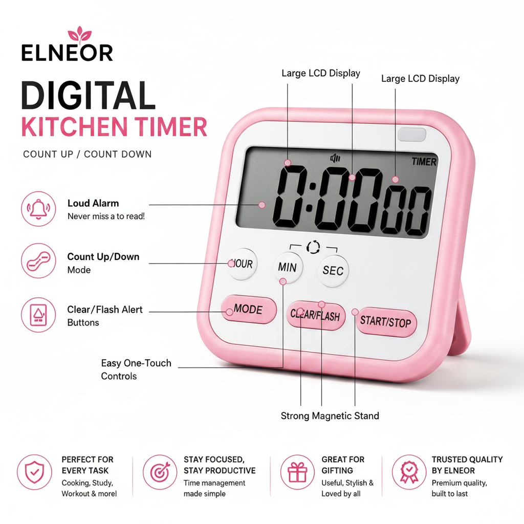 ELNEOR Digital Kitchen Timer Pink – Feature Infographic Callouts