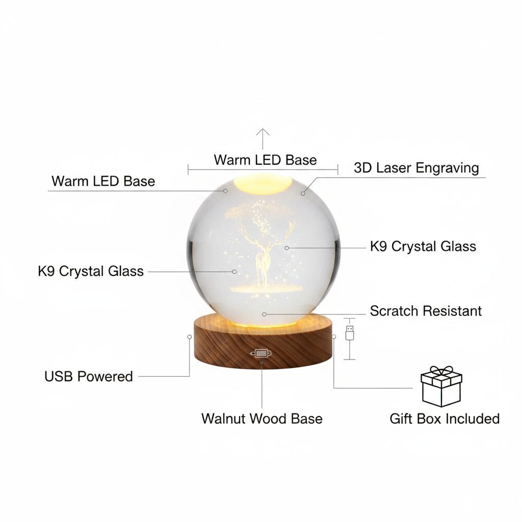 ELNEOR 3D Crystal Ball Night Light | Golden Deer & Cosmic Tree | Warm LED Wooden Base