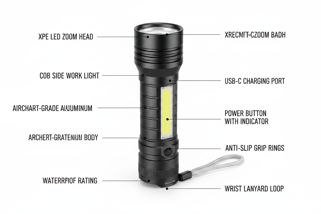 ELNEOR™ Tactical Pro Flashlight — XPE + COB Dual Light | USB Rechargeable | Waterproof | Gift Box