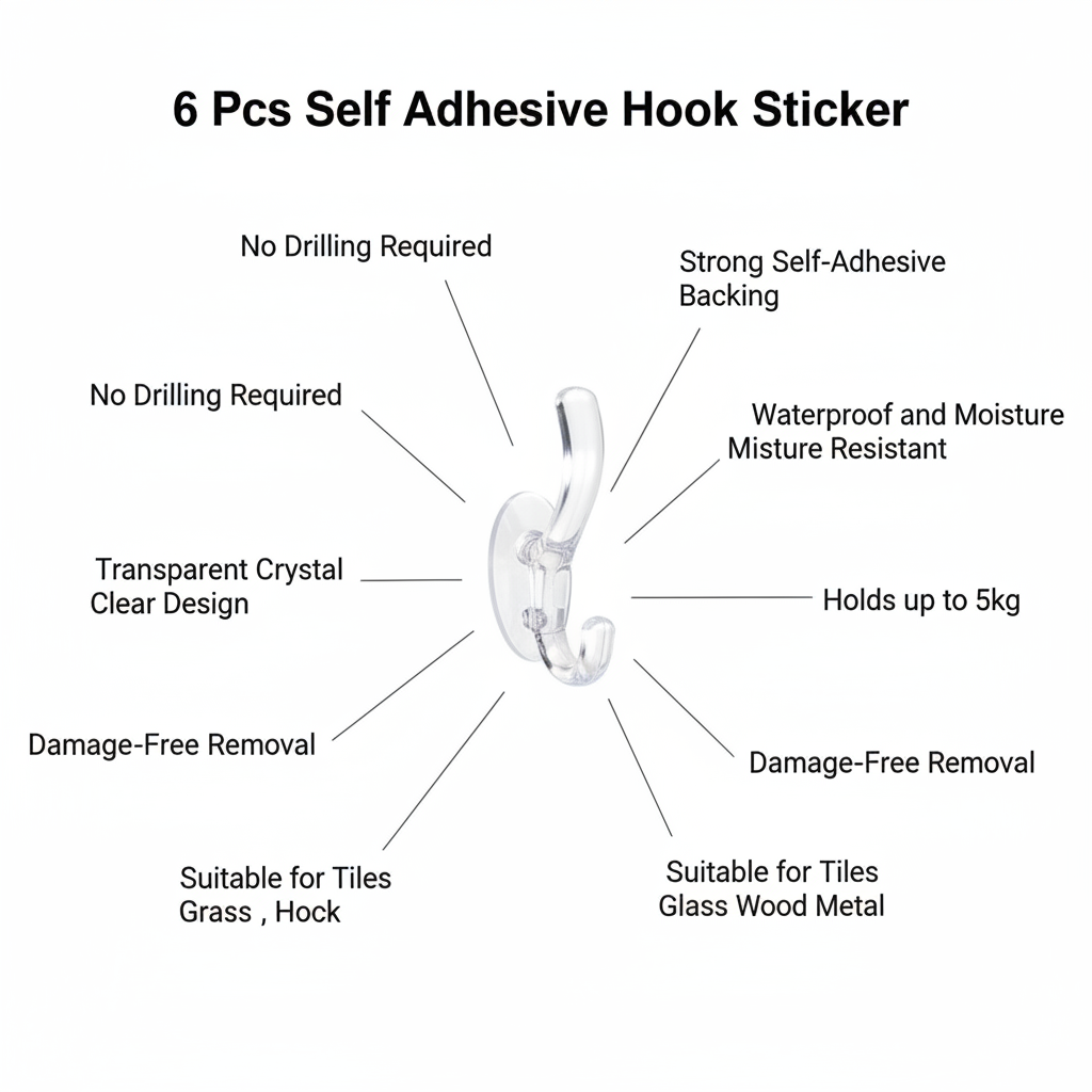 6 Pcs Self Adhesive Hook Sticker - Feature Infographic