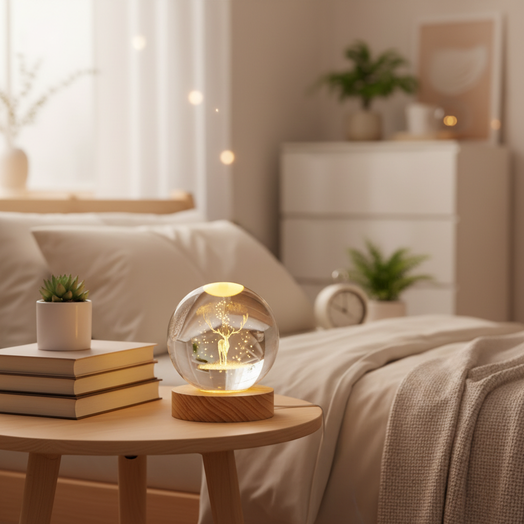 ELNEOR 3D Crystal Ball Night Light | Golden Deer & Cosmic Tree | Warm LED Wooden Base