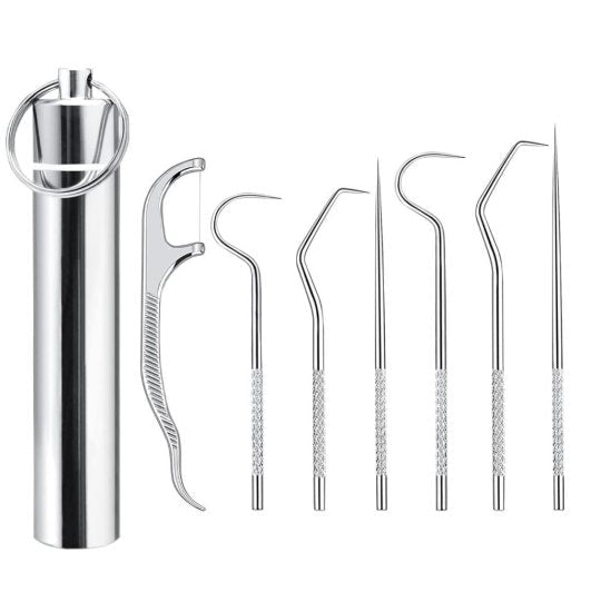 Portable Metal Toothpick & Teeth Cleaning Kit – 4pcs Set with Holder Reusable | Pocket Size | Multi-Use | Travel-Friendly - Elneor Desk
