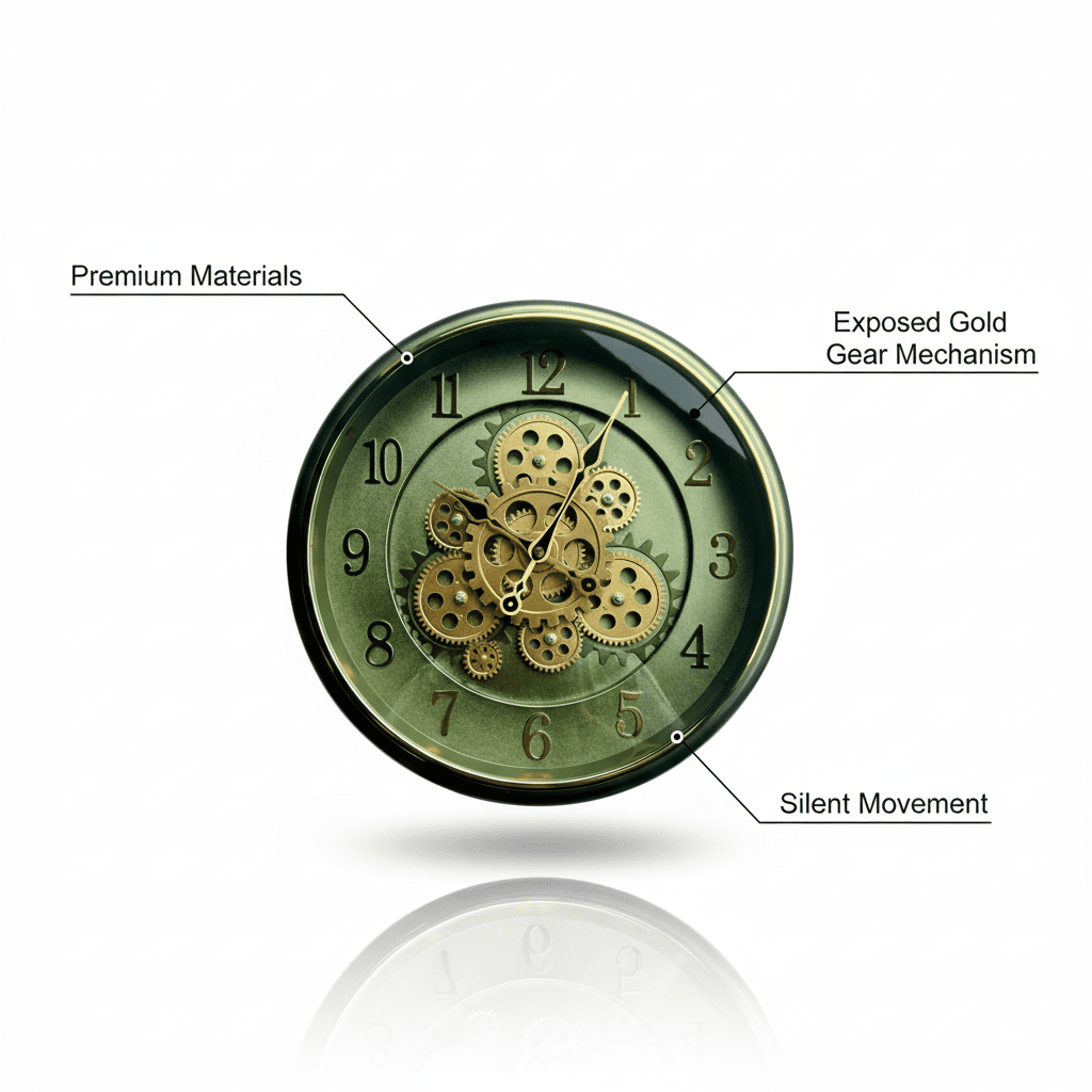 Premium Green Gold Gear Wall Clock - Sage Botanical Design - Elneor Decor