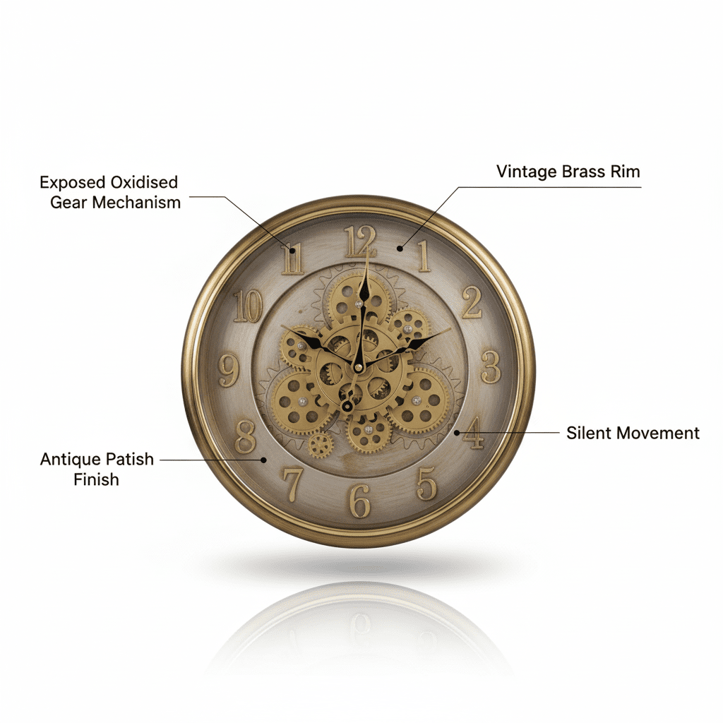 Premium Oxidised Gold Gear Wall Clock - Vintage Antique Design - Elneor Decor