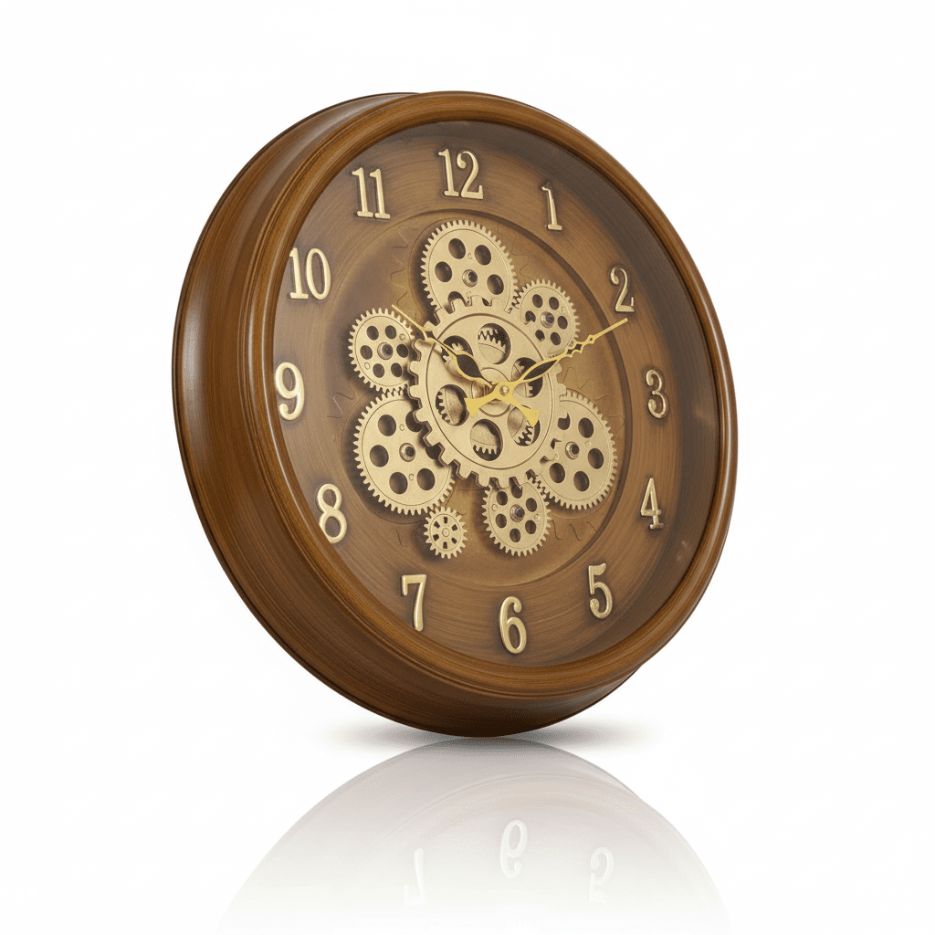 Premium Wooden Gold Gear Wall Clock - Natural Wood Grain Design - Elneor Decor