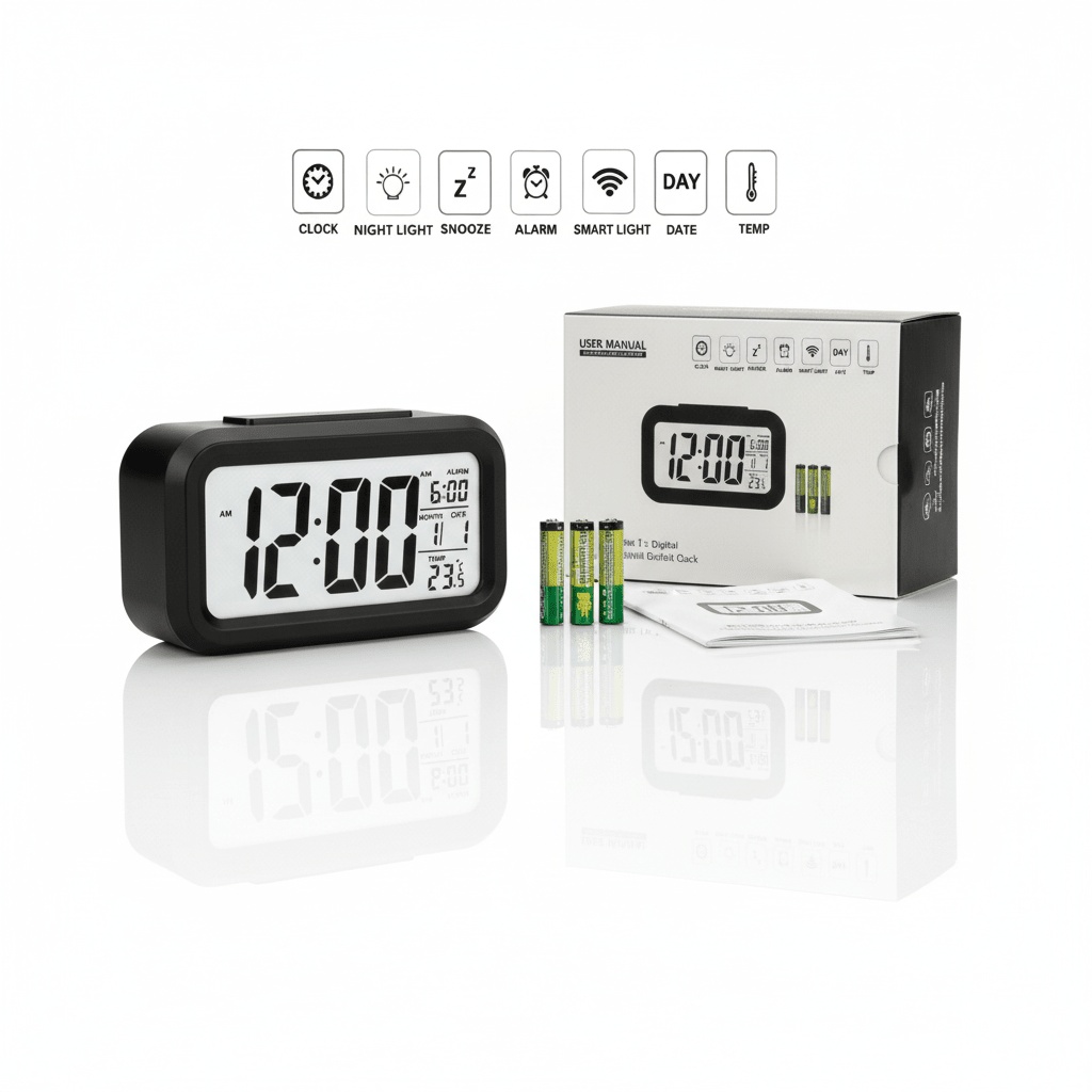 Smart Digital Alarm Clock - Large LCD Display with Temperature & Date - ELNEOR